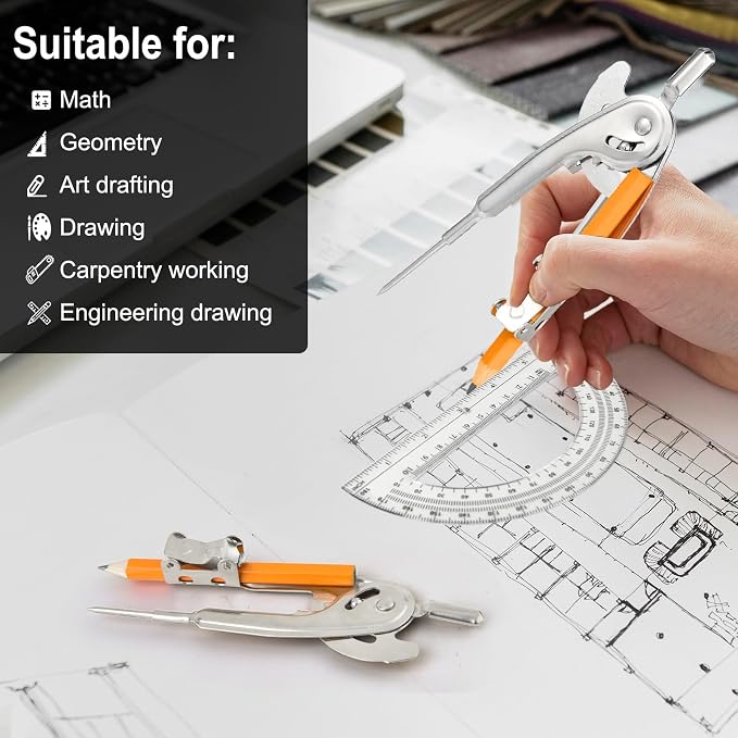 Mototo 12-PCS Geometry Tool Set, Math Compass for Geometry and 6 Inch Protractor Set Include Metal Compass with Pencil and Clear Plastic Protractor for Student Classroom Office Woodworking Art Drawing