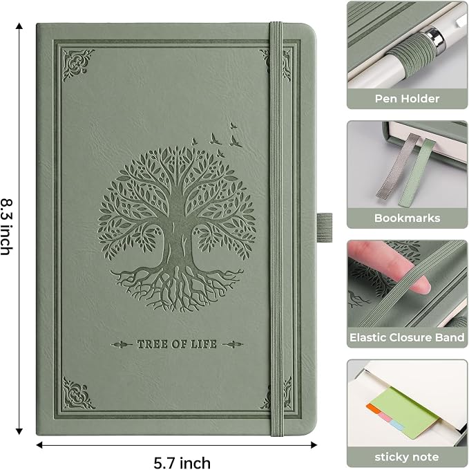 AHGXG Lined Journal Notebook, 192 Numbered Pages, A5 Size (5.7'' x 8.3'') | College Ruled Notebook for Men & Women, Writing, Work & Office, Leather Hardcover, 100 GSM Thick Paper (Light Green)