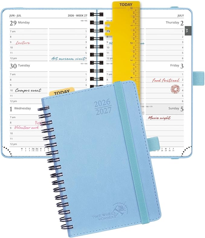 POPRUN Pocket Planner 2026-2027 (Size 4''x6.25'') Academic Pocket Calendar | Weekly Planner, Small Calendar Book(July 2026 - June 2027) with Hourly Time Slots, Spiral Leather Cover - Blue