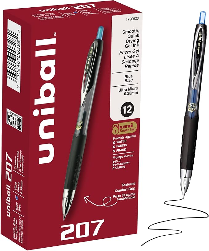 uniball™ 207 Gel Pens, Blue Ink, 0.38mm Ultra Micro Point, Retractable, 12 Count, Smooth Writing, Fraud-Resistant, uni Super Ink™