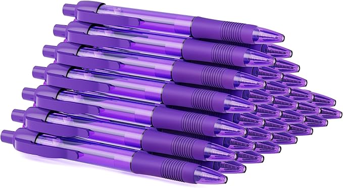 deegtran Pens Bulk, 30 Pack No Bleed Purple Ink Click Pens with Soft Grip, Wholesale Retractable Ballpoint Pens for Office School, Medium Point Smooth 1.0MM