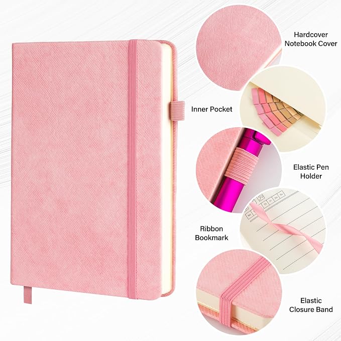 A5 Lined Journal Notebook Set with Pen & Sticky Notes, Hardcover Ruled Notebook 200 Pages Thick Paper, College Ruled Journal for Work Office School, 5.7 x 8.3 in,Pink