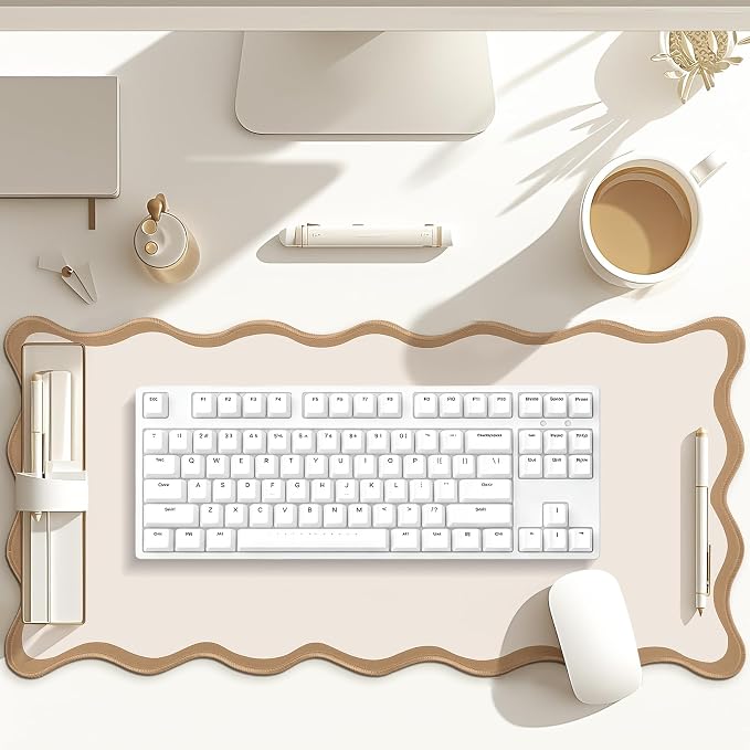Hahafelt Scalloped Desk Mat Large Desk Pad Cute Coquette Table Mat Back to School Preppy Table Make up Pad Nonslip Graduation Gift with Stitching Waterproof Gaming(Beige,31.5 x 15.8 Inches)