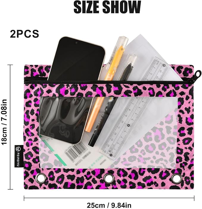 Pink Leopard Cheetah Pencil Pouch Fits Standard 3-Ring Binders, Zipper Binder Pencil Bag with Clear Window for Class Office 2 Pack