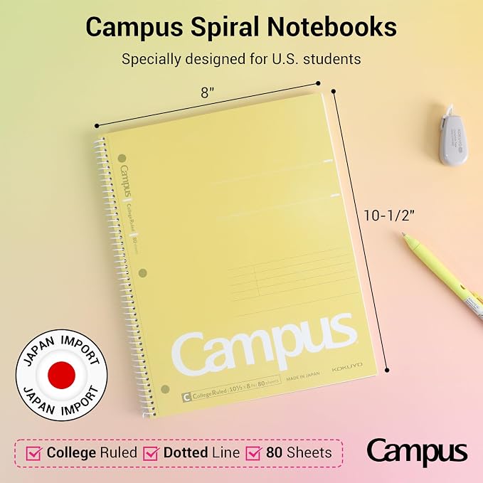 KOKUYO Spiral Notebooks, 3 Pack College Ruled 10-1/2" x 8" Lined Notebook | Campus Subject Notebooks, 80 Sheets, 3 Holes School Japanese Ring Journal for Work Study Note Taking, Yellow Orange Purple