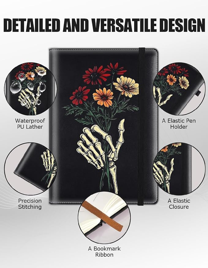 Hardcover Executive Notebooks, A5 PU Leather Lined Journal Notebook, 200 Pages Thick Paper Subject Notebooks for School,Work,Home Writing Business Notebook, Diary Book ，Hand Bones Holding Flowers