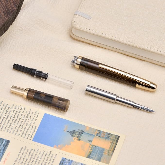 Jinhao 20 Press Fountain Pen, Transparent Black Retractable Extra Fine Nib with Ink Converter Set (Golden Clip)