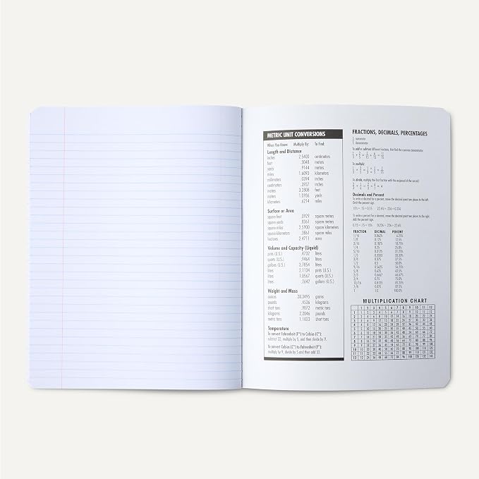 Amazon Basics Composition Notebook, College Ruled, 100 Sheets, 9.75" x 7.5", Marble Black, with Conversion Charts, 4-Pack
