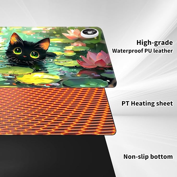 Heated Desk Pad Mouse Pad,Heated Desk Mat,with 3 Heating Levels & 3 Hours Auto Shut-Off,Leather 23.6"*14.2" Gaming Mouse Laptop Mat,Foot Warmer,Cartoon Lotus Cat
