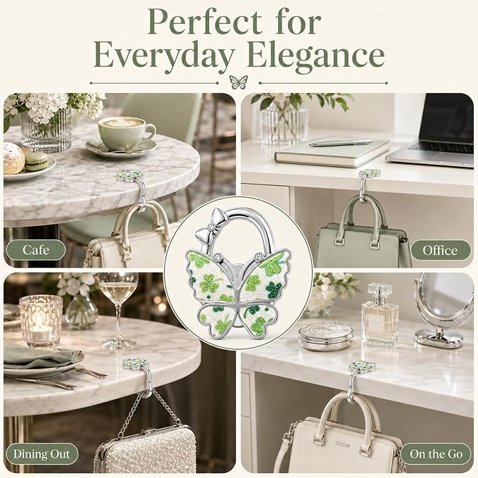 Purse Hook for Table, Foldable Handbag Hanger for Women, Portable Bag Holder with Non-Slip Base, Cute Bling Clover Butterfly Purse Table Hook for Restaurant Office Travel Gift