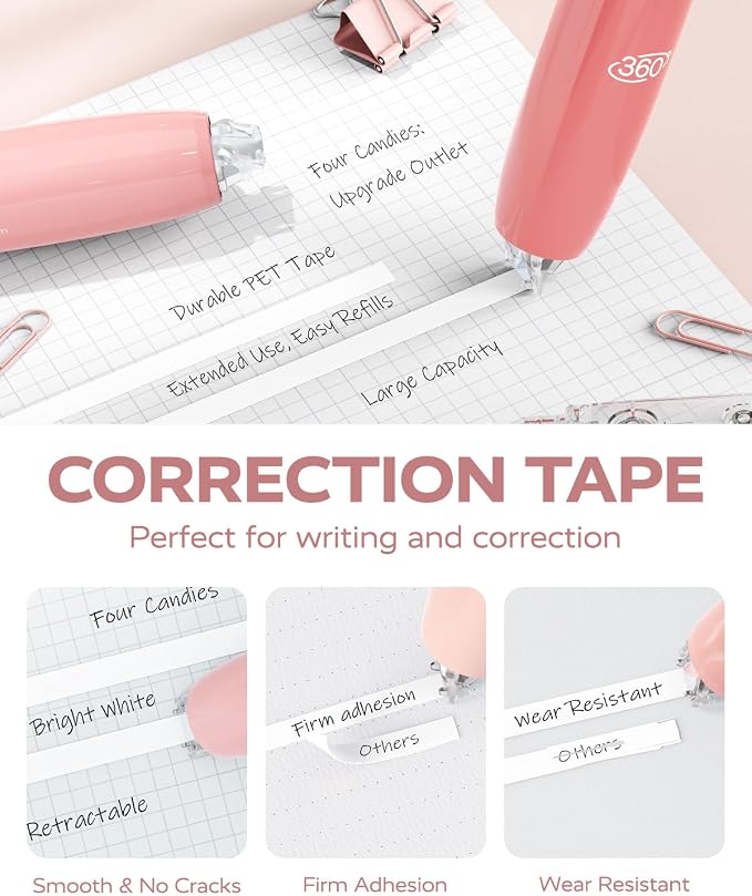 Four Candies Refillable Correction Tape, 4PCS White Tape with 4 Refills | Smooth White Pull-Out Tape for Instant Corrections, Easy to Use Applicator for Office, School Supplies (Pink)