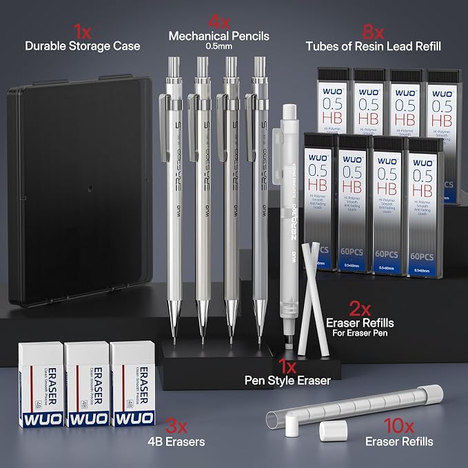 WUO 0.5mm Mechanical Pencil Set with Eraser Pen, 4PCS Metal Mechanical Pencils, 480 HB Lead Refills, 3PCS 4B Erasers, 10PCS Eraser Refills for Writing, Drafting, Drawing & Sketching