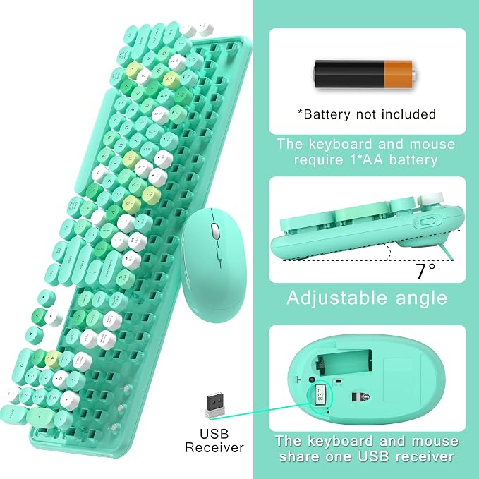 MPTOG Colorful Wireless Computer Keyboard and Mouse Combo (Green-Colorful) | Retro Round Typewriter Keycaps, Power Switch, Ergonomic Design, 2.4GHz Wireless for Windows, Mac, PC