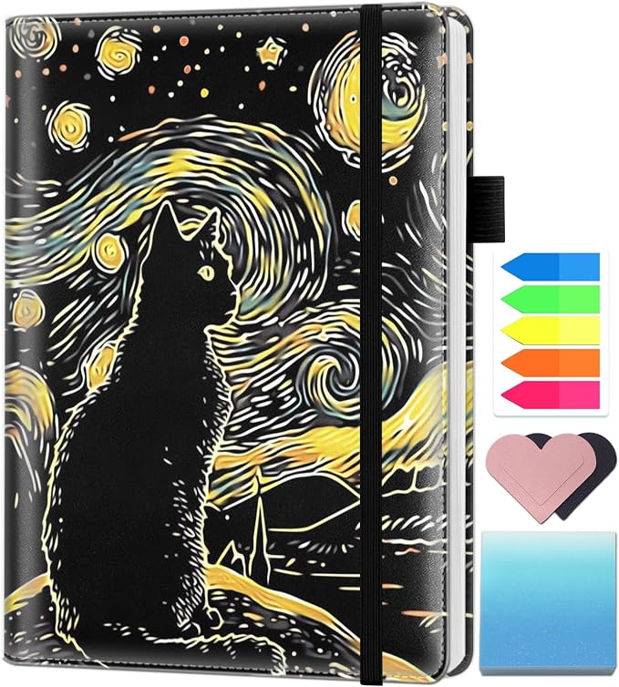 A5 Leather Lined Journal Notebook, 200 Pages Hardcover Executive Notebook for Men Women Office School Note Taking, Thick Writing Paper Daily Journal with Bookmarks/Indexes, Starry Night Cat