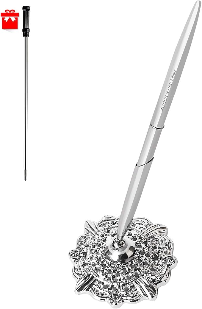 Hollow Round Pen Holder Signing Pen Set for Wedding Bridal Engagement Valentine's Day Favors,Silver