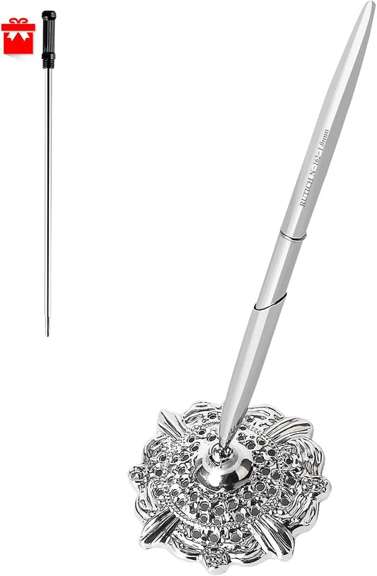 Hollow Round Pen Holder Signing Pen Set for Wedding Bridal Engagement Valentine's Day Favors,Silver