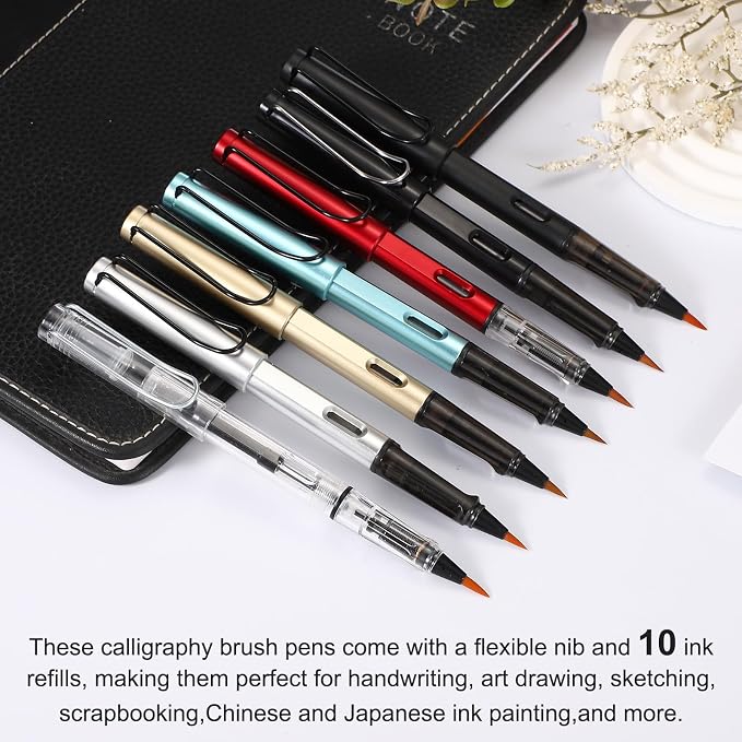 PATIKIL 4Pcs Calligraphy Brush Pens, Fountain Ink Brush Pen Refillable with 10Pcs Ink Refill for Writing Lettering Drawing Chinese Japanese Signature, Silver