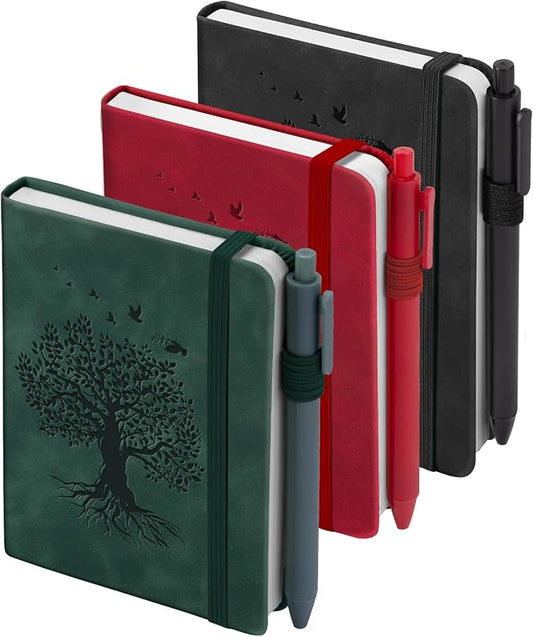 3 Pack Pocket Journaling Notebooks, A6 Small Notebook Total 360 Pages Journaling Notebooks For Note Taking Journals For Writing Mini Note Pads With Pen Holder 100 GSM Thick Paper(Green,Red,Black)