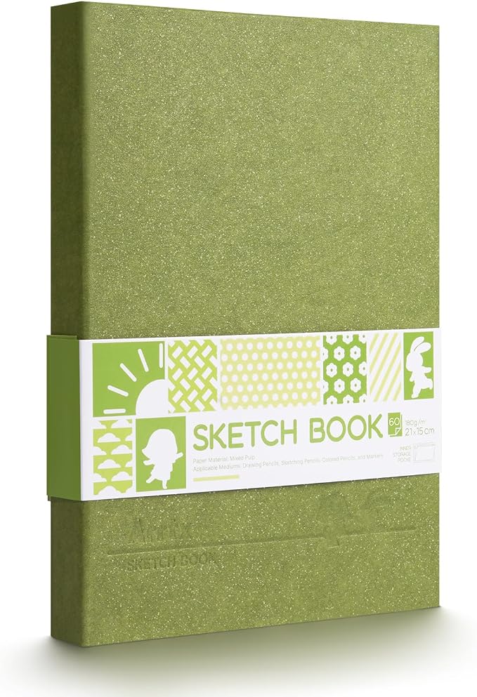 Arrtx Premium Hardcover Sketch Book, 60 Sheets/120 Pages, 180 GSM Thick Acid-Free Drawing Paper, Hardbound Sketch Pad with Inner Pocket, Green 8.5"x6.1" Sketchbook
