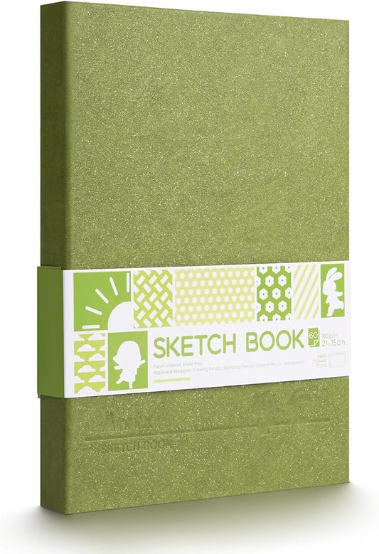Arrtx Premium Hardcover Sketch Book, 60 Sheets/120 Pages, 180 GSM Thick Acid-Free Drawing Paper, Hardbound Sketch Pad with Inner Pocket, Green 8.5"x6.1" Sketchbook