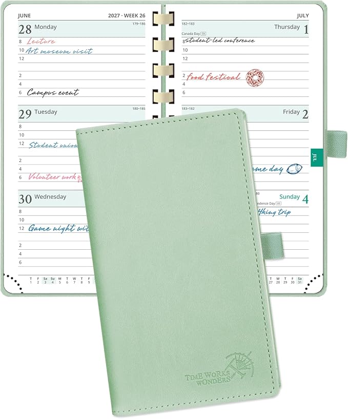 POPRUN 2027 Pocket Planner (Slim 3.5'' x 6.5'') Weekly and Monthly Calendar | 2027 Pocket Calendar(Jan - Dec) Appointment Book with Hourly Time Slots, Monthly Tabs, Spiral Leather Cover - Celadon Green