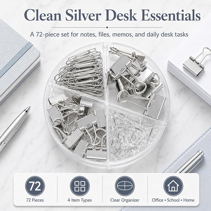 Paper Binder and Clips Set, Metal Assorted Sized Binders with Push Pins, Cute Office Supplies, Teacher Desk Must Haves, Cute Desk Accessories