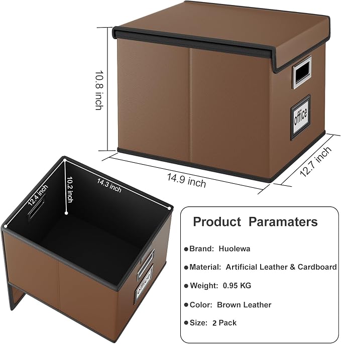 File Organizer Boxes with Lids, Collapsible Faux Leather Hanging File Folder Box Organizer with Plastic Slide, Decorative Home/Office Filing System Boxes for File and Folders Storage