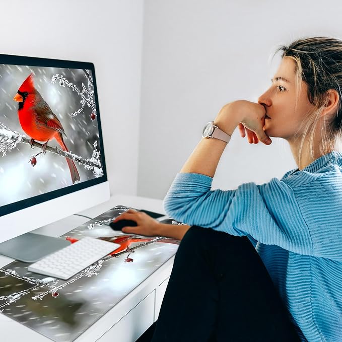 Warm Desk Pad,Heated Desk Pad,Office Mat,3 Heating Levels & 3 Hours Auto Shut-Off,31.5"*13" Gaming Mouse Laptop Keyboard Leather Desk Mat,Red Main Cardinal Bird