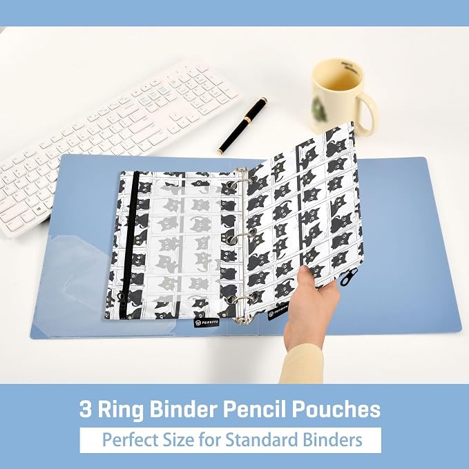 Binder Pencil Pouches, Set Of Cats Pencil Case with Clear Window 3 Rings Cosmetic Bags Office Supplies 2 Pack