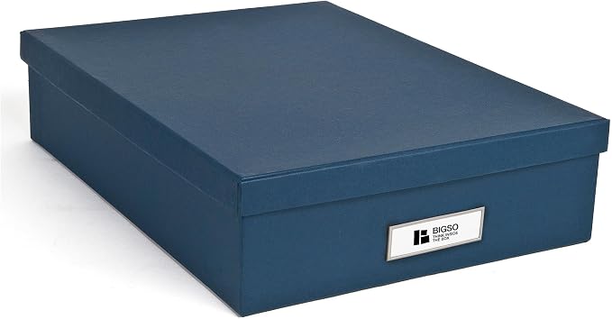 Bigso Oskar Fiberboard Label Frame Document Letter Box - File Organizer Box for Important Paperwork - Document Storage with a Lid & Metal Label Window - 3.3 in x 10.2 in x 13.8 in - Dark Blue