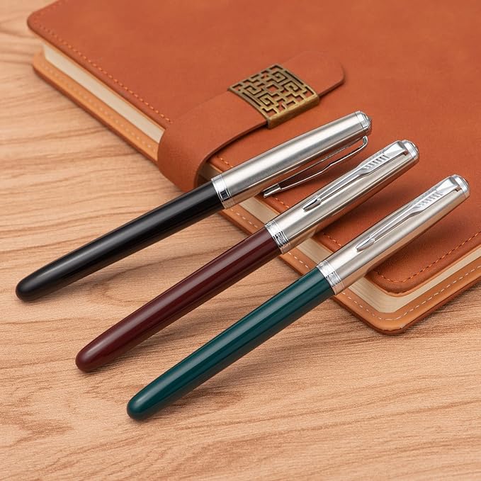3 Jinhao 86 Fountain Pen Set (Black, Wine Red and Green Resin) Extra Fine Nib with Refillable Ink Converter