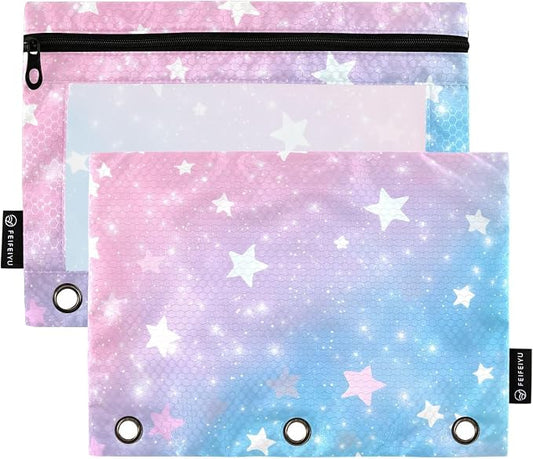 ALAZA Pencil Pouch for 3 Ring Binder, Star Pink Blue Sky Binder Pencil Pouches with Clear Window Zipper Pencil Case Cosmetic Bags for Office College Supplies, 2PCS