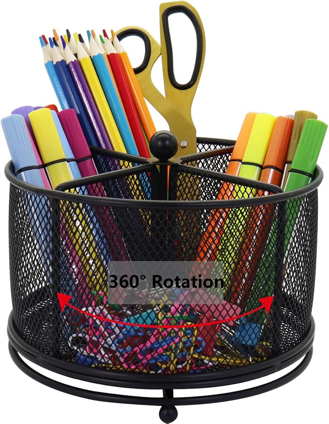 Pen Holder for Desk, 360 Rotating Mesh Pencil Organizer Marker Storage Caddy, Black Large Capacity Desktop Stationery Organizer, 4 Compartments for Home Office School Kids Art Supplies