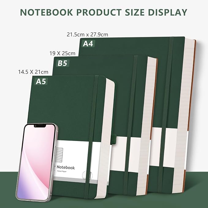 AHGXG Lined Journal Notebook, 320 Numbered Pages, B5 (7.6'' X 10'') | College Ruled Leather Journal for Women, 100gsm Thick College Ruled Paper, Softcover Journal for Writing Work School (Green)