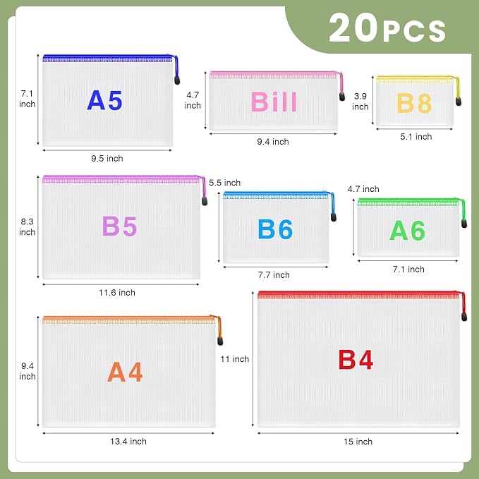 Smarpau 20pcs Mesh Zipper Pouch Bags,8 Sizes 8 Colors Plastic Pencil Pouch | Waterproof Clear Mesh Bags for Office School Supplies,Document Pouch,Travel Storage,reusable ziploc bags,Home Organize