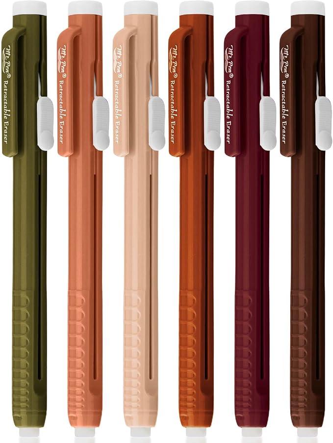Mr. Pen- Retractable Mechanical Eraser Pens, 6 Pack, Earthy Colors | Latex-Free Precision Pencil Erasers for Artists, Students, Drawing, Sketching & Drafting