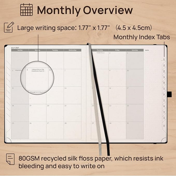 POPRUN 2027 Planner Weekly and Monthly, 8.5" x 10.5" Recycled Paper Calendar, Jan 2027- Dec 2027 Agenda, Daily Appointment Book with Hourly Time Slots, Monthly Tabs, Hardcover, 100 GSM - Black Grey