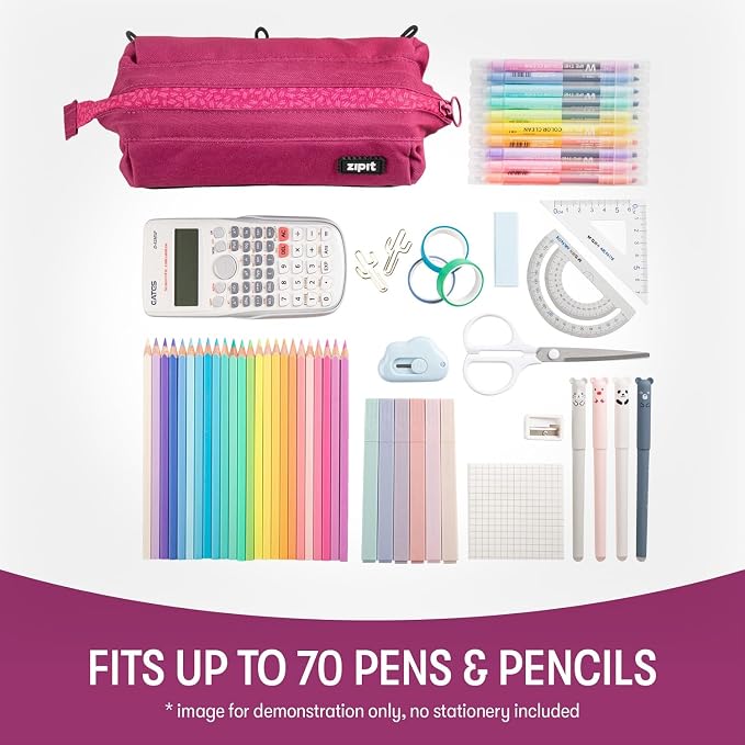 ZIPIT: Lenny Pencil Case - Pink - Large Storage Capacity Zipper Pouch, Makeup & Stationery Bag, School-Travel, Washable Polyester, Kids-Teens-Adults
