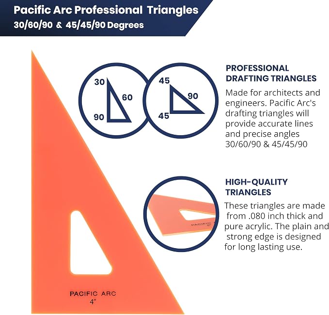 Pacific Arc Drafting Triangle, 8-inch, 30/60/90 Degrees, Fluorescent Orange