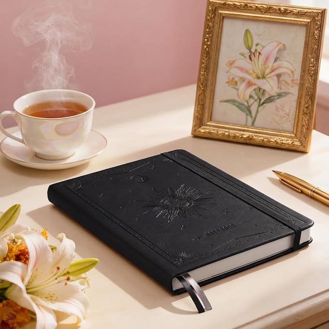 EMSHOI Dotted Journal Notebook, 192 Pages, A5 Size (5.7'' x 8.3'') | Leather Hardcover, 100 GSM Thick Paper, for Journaling, Planning, Tracking & Sketching, Sun Debossed (Black)