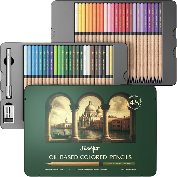 JusArt 48 Oil-Based Colored Pencils – Soft Core, Durable, Vibrant | Ultra-Smooth Oil Pastel Pencils for Adult Coloring, Portrait, Sketching, Landscape. Professional Drawing Pencils for Artists
