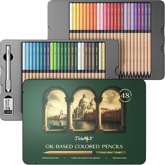 JusArt 48 Oil-Based Colored Pencils – Soft Core, Durable, Vibrant | Ultra-Smooth Oil Pastel Pencils for Adult Coloring, Portrait, Sketching, Landscape. Professional Drawing Pencils for Artists