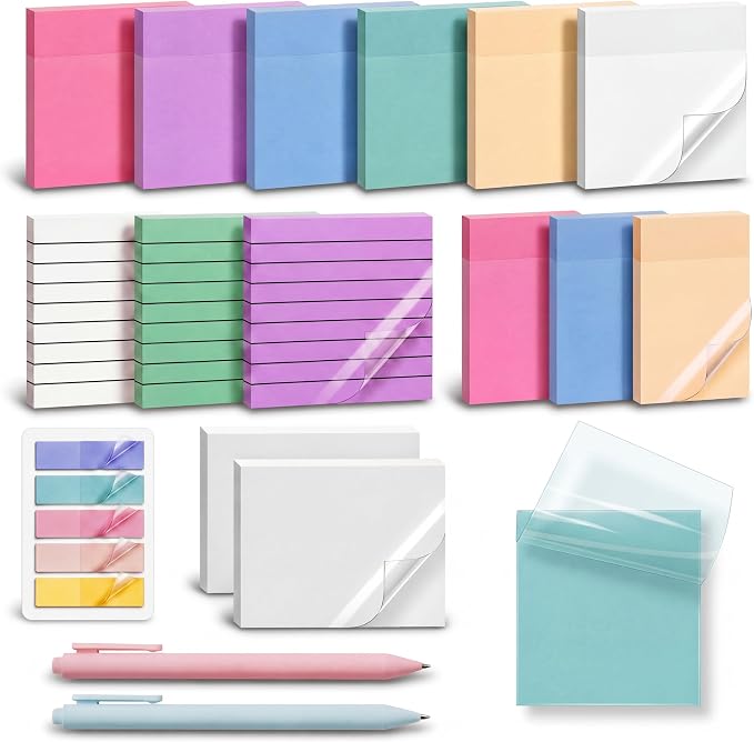 Eaasty 800 Sheets Transparent Sticky Notes 15 Pads Pastel Clear Bible Sticky Notes with Lined with 2 Pens Colorful Waterproof Translucent Pet Tabs for Bible Study Books Annotation School Office