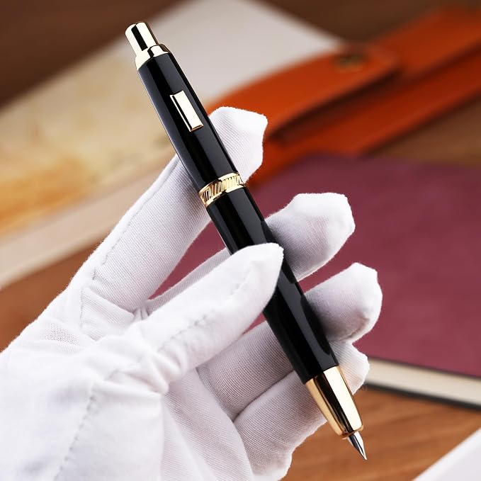 Majohn A1 Press Fountain Pen Fine Nib with Converter, Retractable Black Golden Writing Set (No Clip Version)