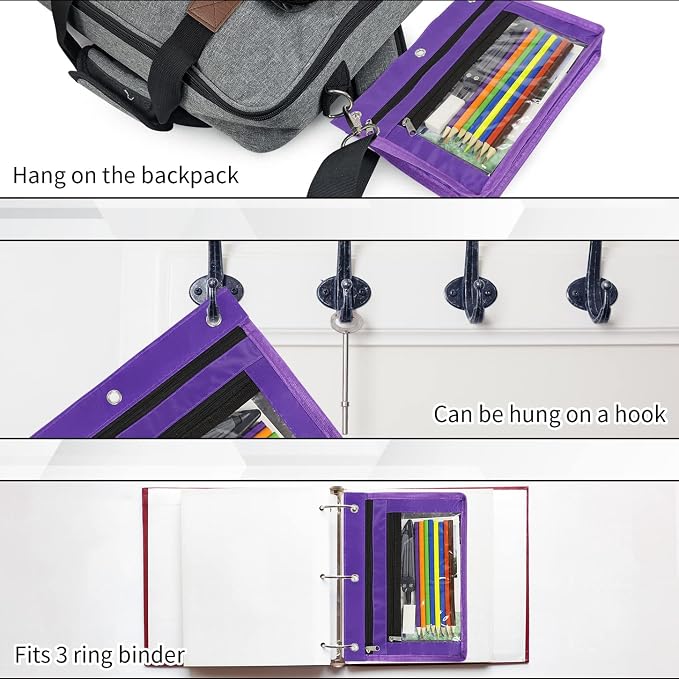 YoeeJob 2 Pack 1 Inch Expandable Zipper Pencil Pouches with Clear Window for 3 Ring Binder, Suitable for School & Office (Purplek)