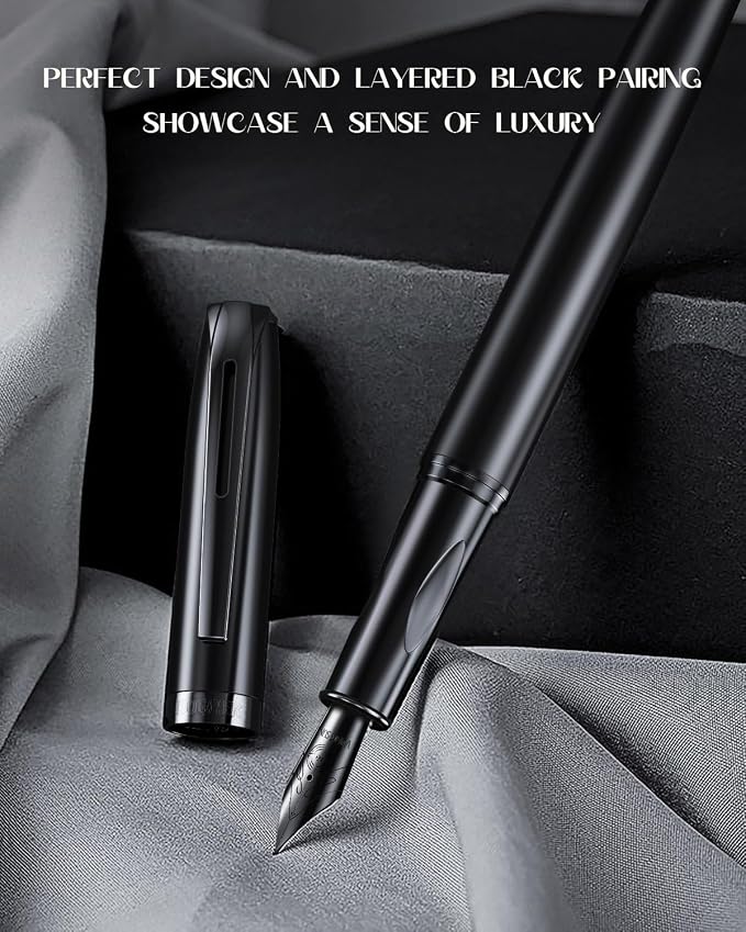 samurai Fountain Pen Set,Hand Polished Medium Nib,Calligraphy Nib(Bent Nib),Includes 8 Ink Cartridges,Ink Refill Converter*2 And Gift Box,Best Pen Gift Set for Men & Women（Black ）
