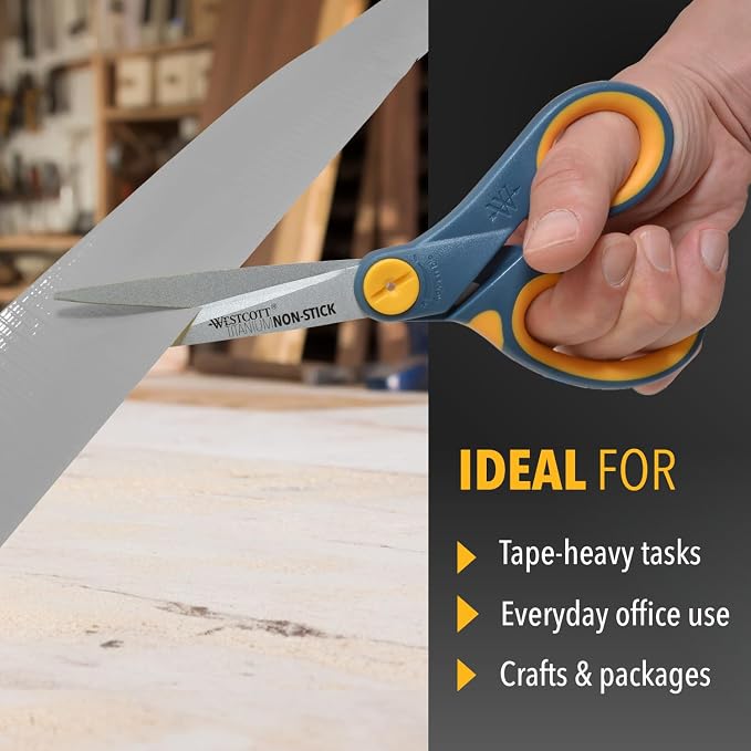 Westcott 8-Inch Non-Stick Titanium Scissors For Office and Home - Glide Adjust Technology - Grey/Yellow Craft, Fabric Scissors - 1 Pack