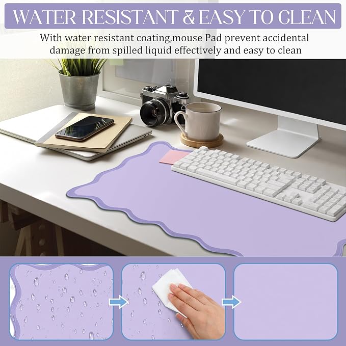 Hahafelt Scalloped Desk Mat Large Desk Pad Cute Coquette Table Mat Back to School Preppy Table Make up Pad Nonslip Graduation Gift with Stitching Waterproof Gaming(Purple,31.5 x 15.8 Inches)