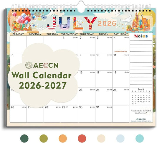 AECCN Calendar 2026-2027 18 Months-Colorful | 14.4" x 11.4" | 110GSM Thick Paper | No-Bleed | Stickers Attached | Home, School & Office Use