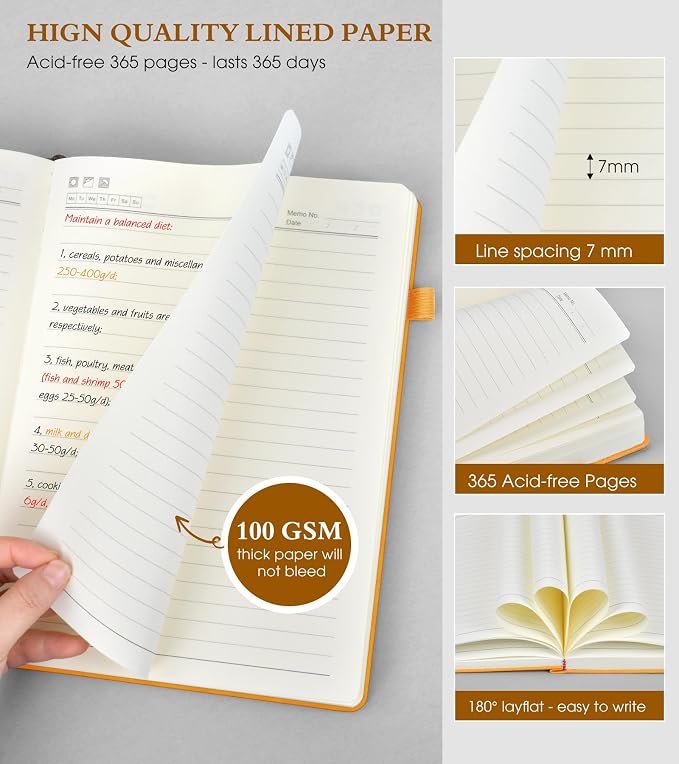PERCUN B5 Lined Journal Notebook - 365 Page Large Leather Journals for Writing Women Men，Hardcover Notebook with 100Gsm Thick Pages，Daily Diary for Travel, Work，School，College Ruled (7.6" x 10.3")